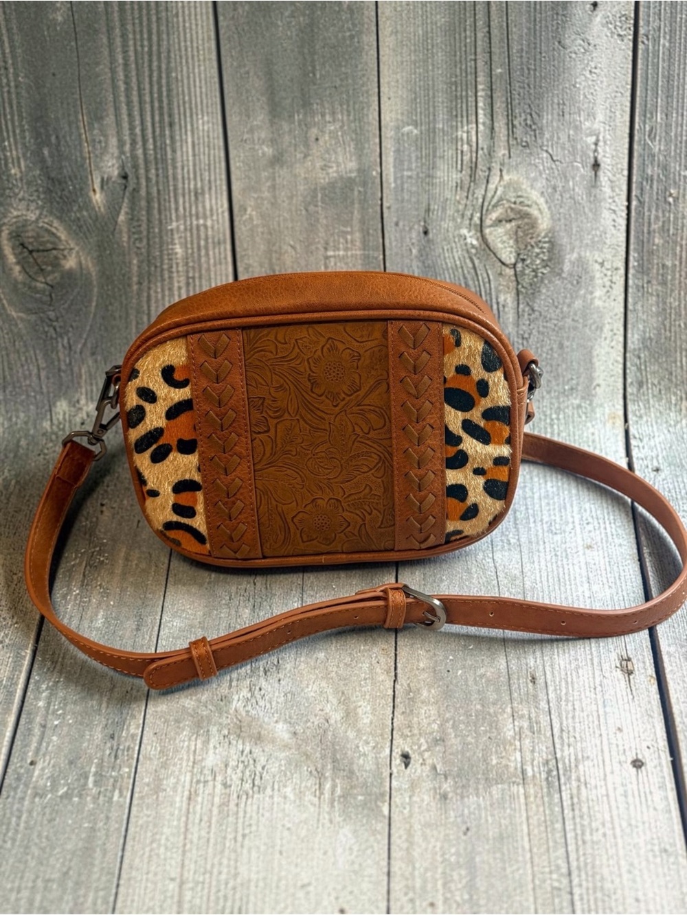 Montana West Leopard Tooled Floral Crossbody Bag Brown Western Faux Leather